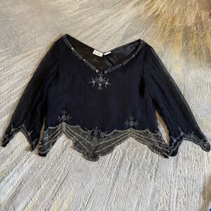 Vintage Scala Silk Black embroidered Rhinestone blouse top 2X